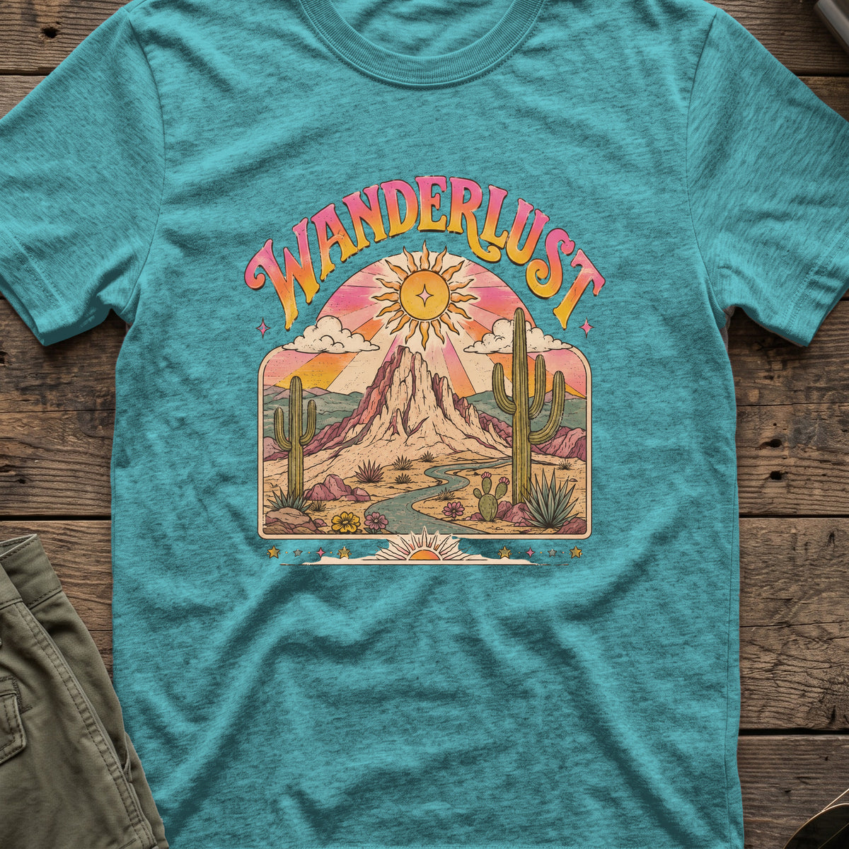 Wanderlust T-Shirt — Desert Sunburst in Heather Galapagos Blue, front view.