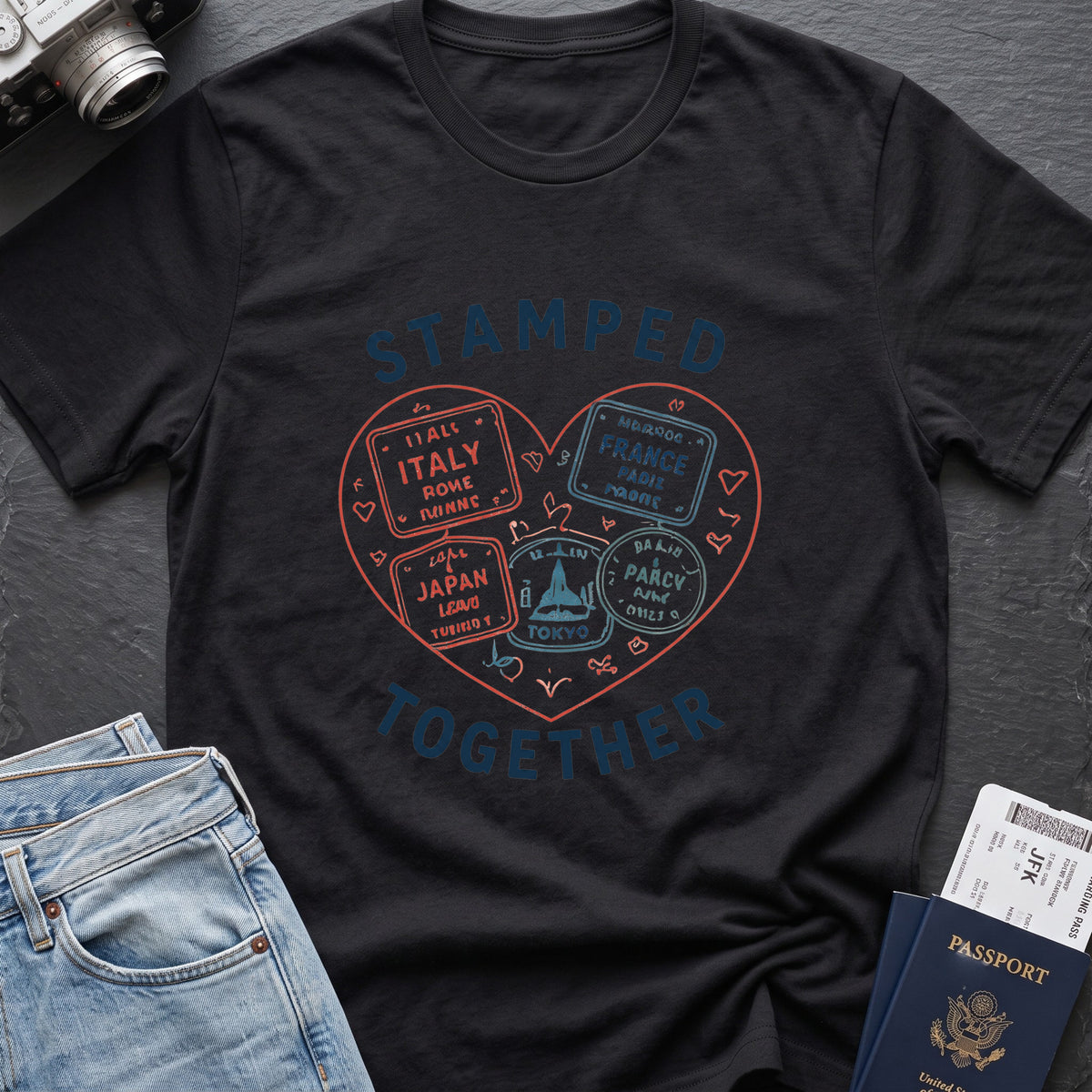 Stamped Together T-Shirt in Black, front view.