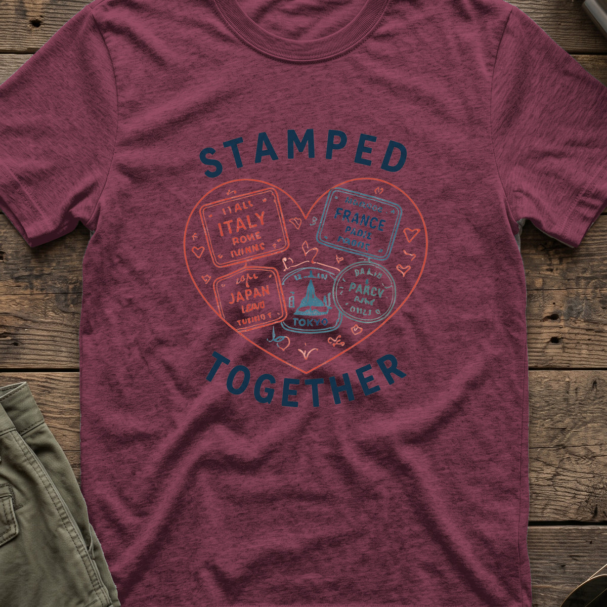 Stamped Together T-Shirt in Heather Maroon, front view.