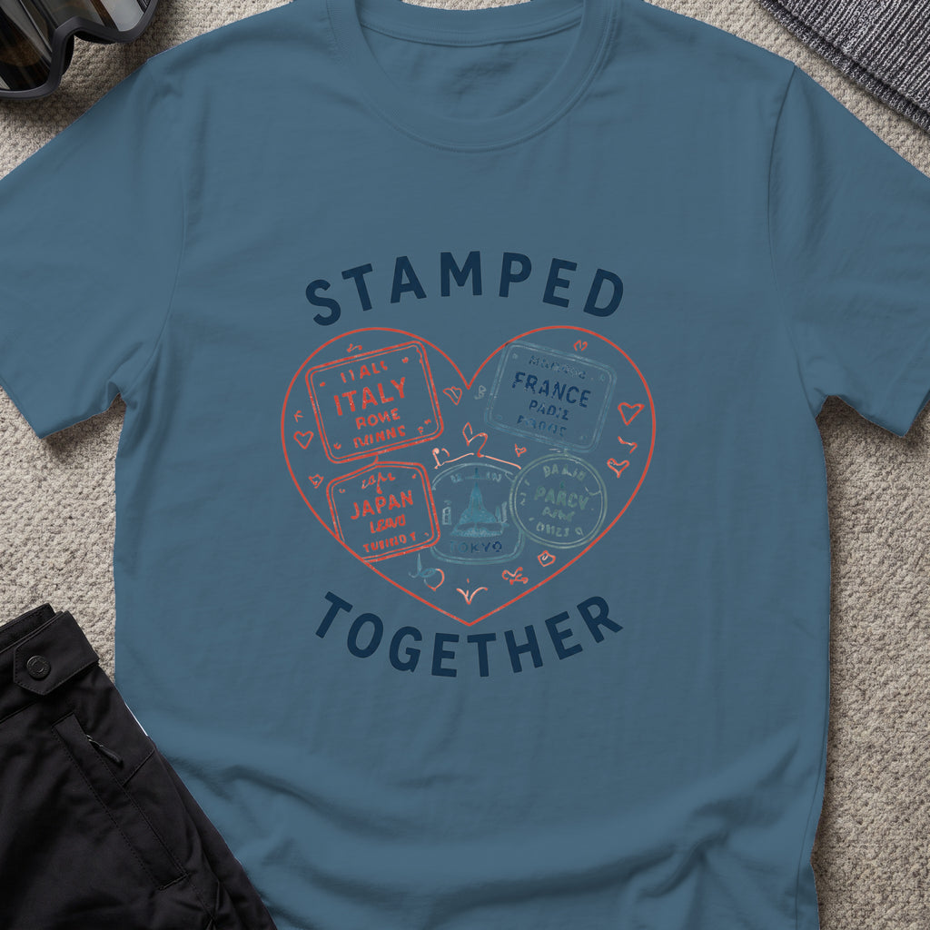 Stamped Together T-Shirt in Indigo Blue, front view.