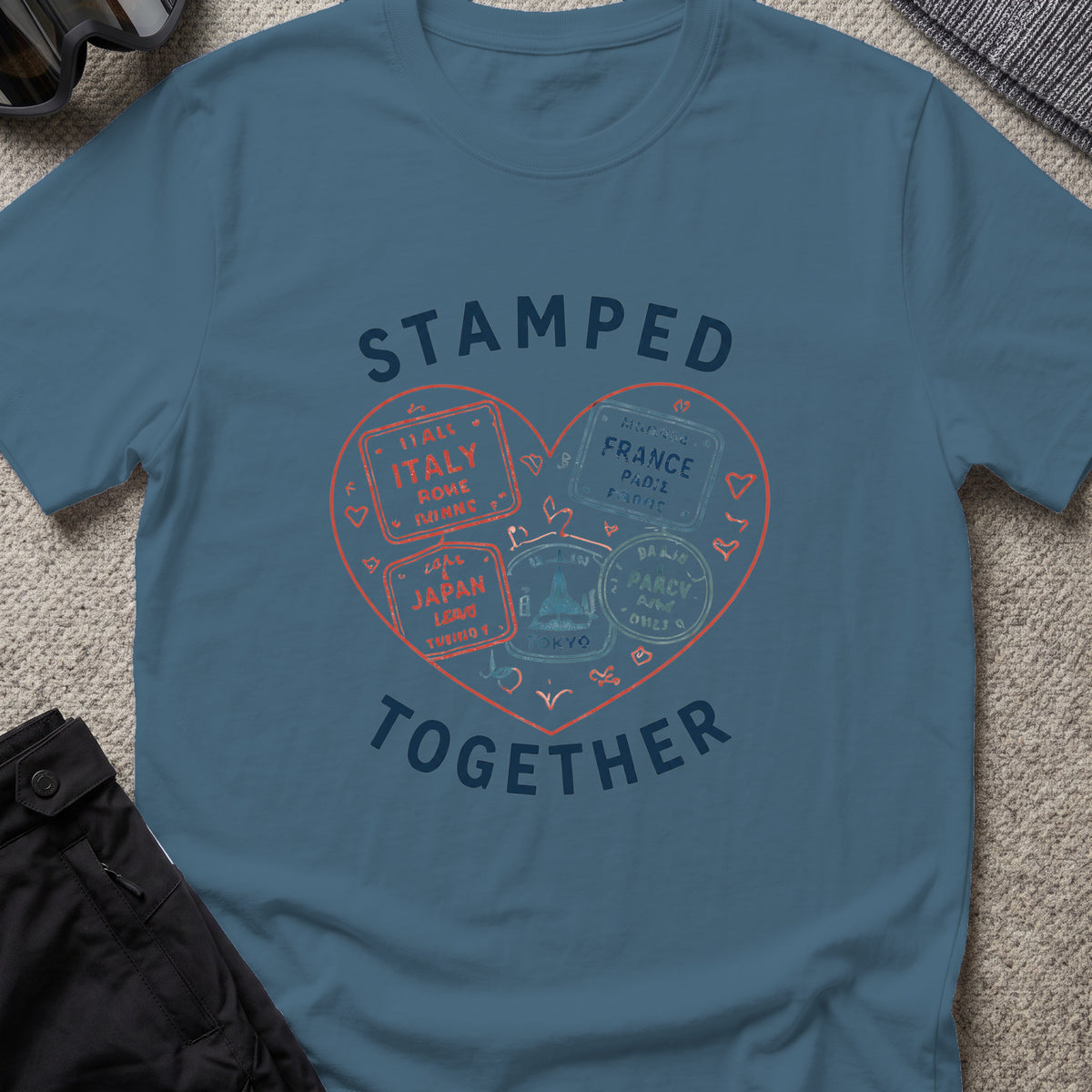 Stamped Together T-Shirt in Indigo Blue, front view.
