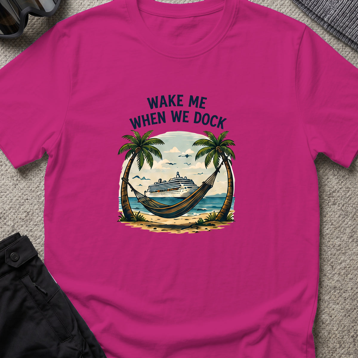 Wake me When we Dock T-Shirt in Antique Heliconia, front view.