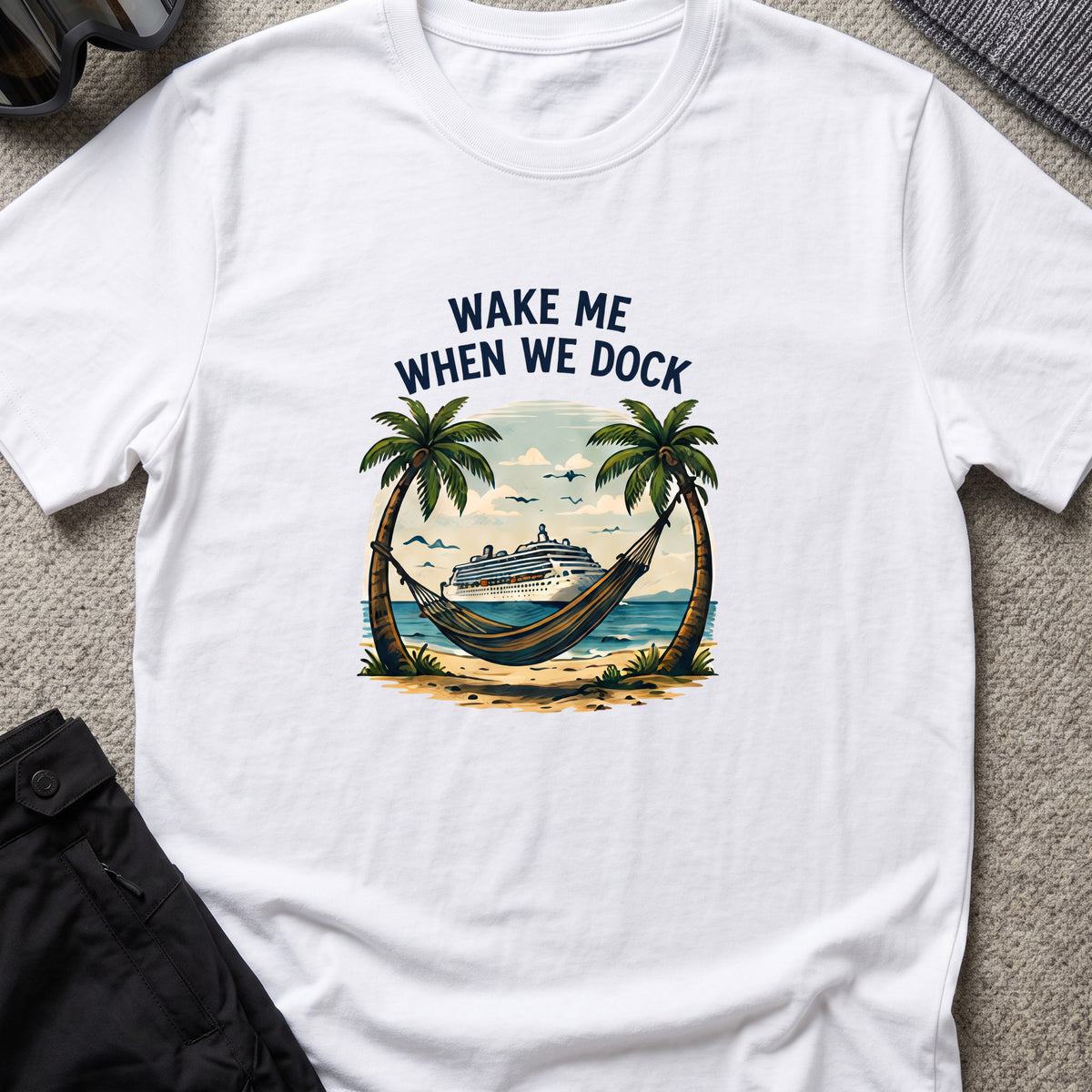 Wake me When we Dock T-Shirt in White, front view.