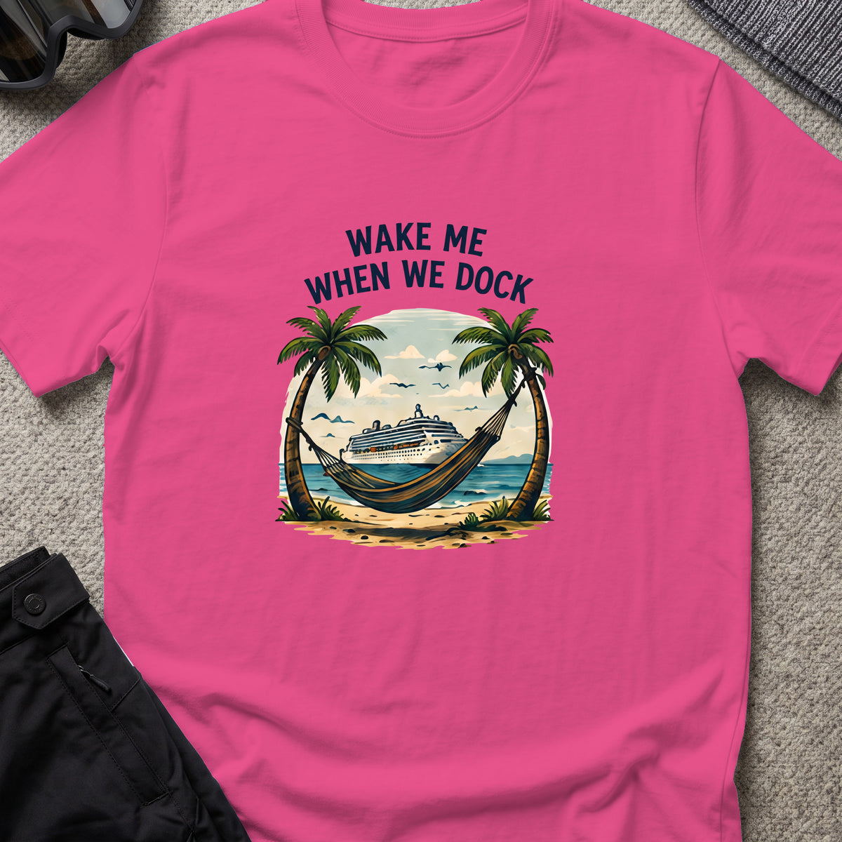 Wake me When we Dock T-Shirt in Heliconia, front view.
