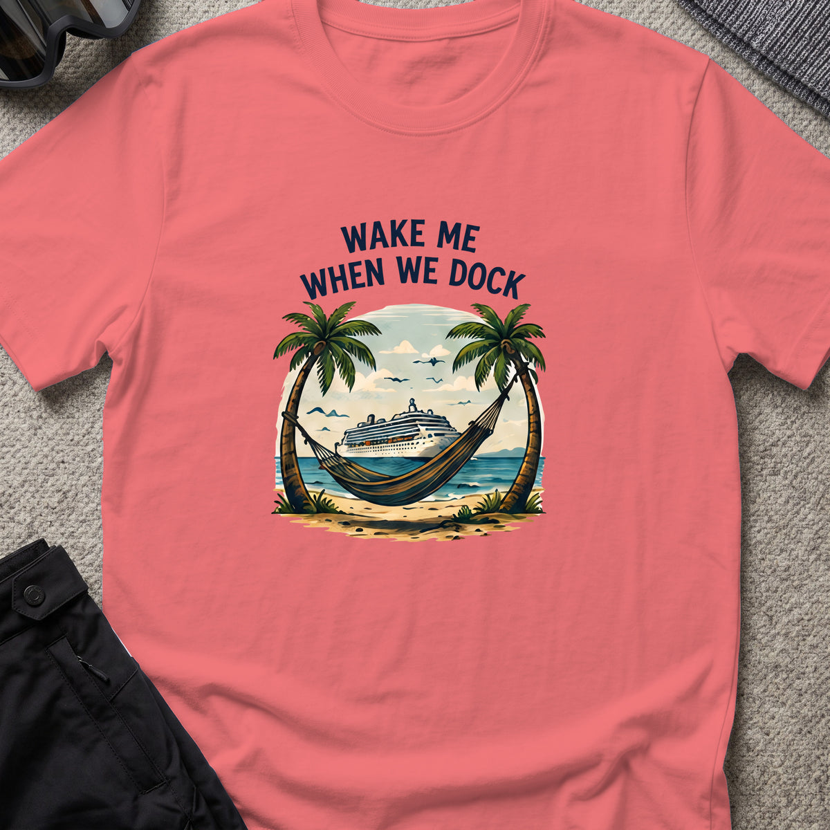 Wake me When we Dock T-Shirt in Coral Silk, front view.
