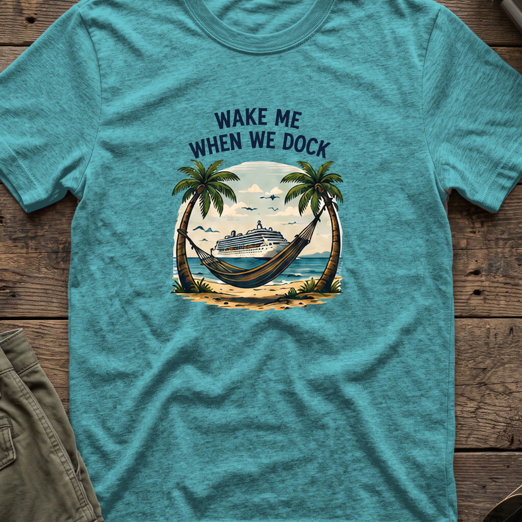 Wake me When we Dock T-Shirt in Heather Galapagos Blue, front view.