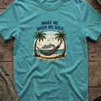 Wake me When we Dock T-Shirt in Heather Galapagos Blue, front view.
