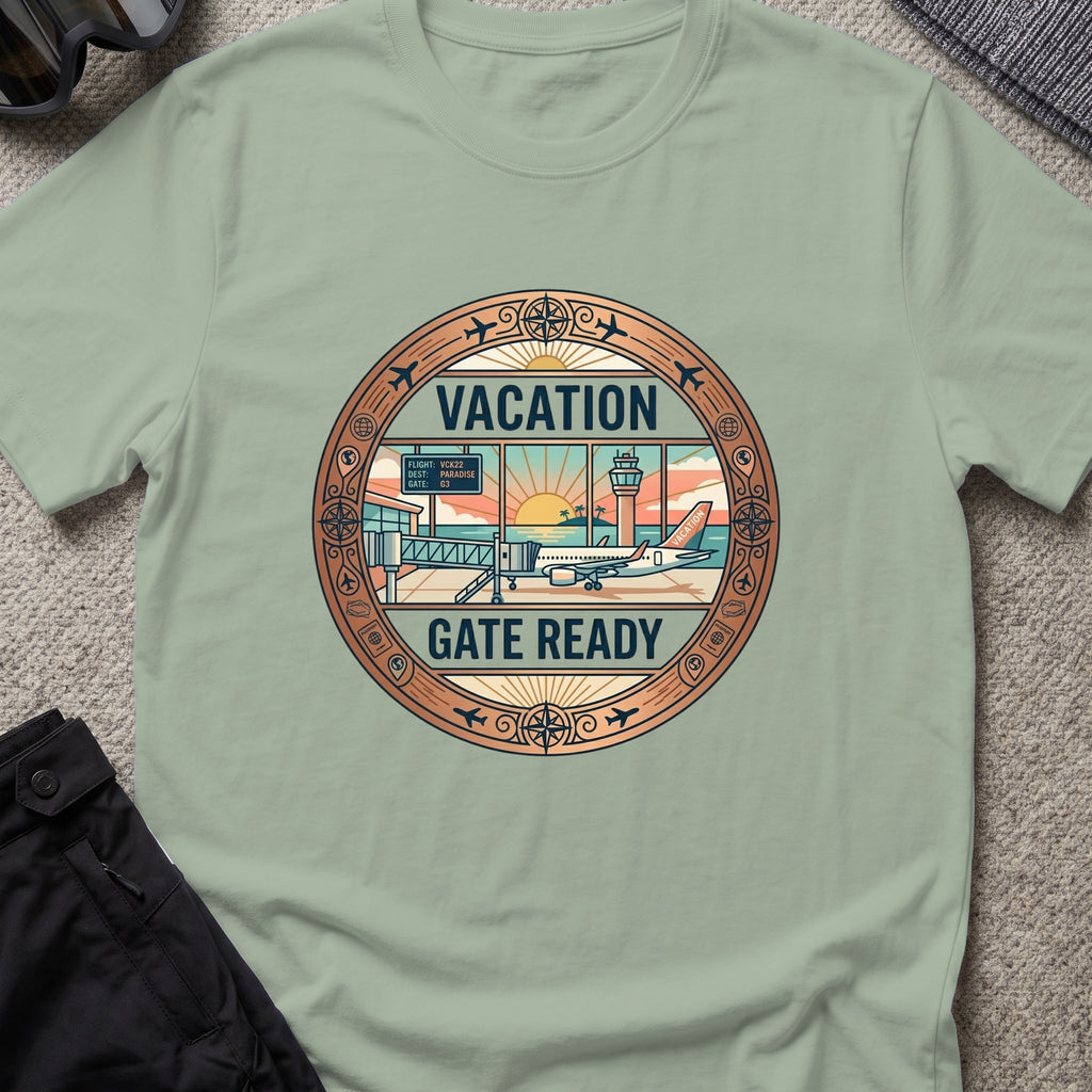 Vacation Gate Ready T-Shirt in Sage, front view.