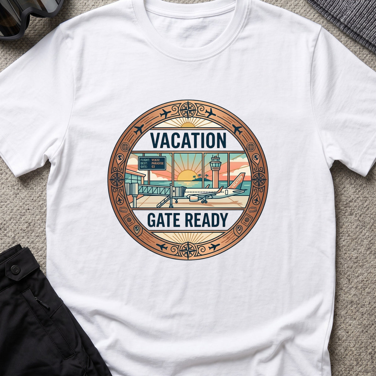 Vacation Gate Ready T-Shirt in White, front view.