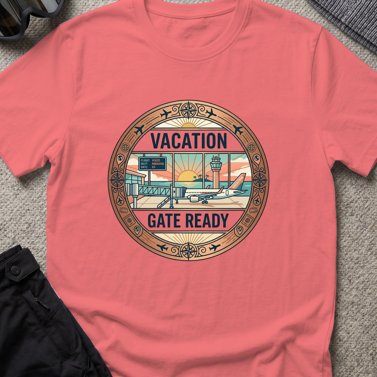 Vacation Gate Ready T-Shirt in Coral Silk, front view.