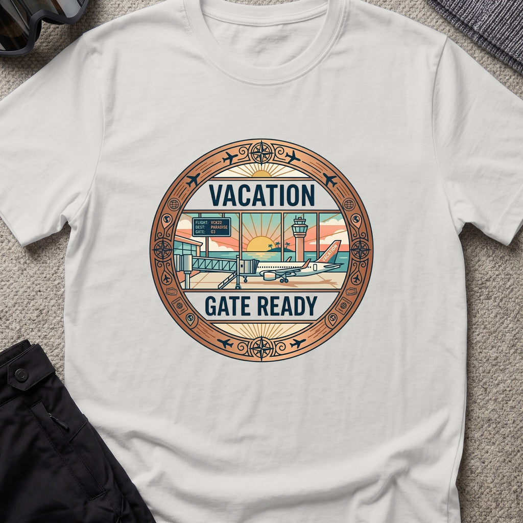 Vacation Gate Ready T-Shirt in Ice Grey, front view.
