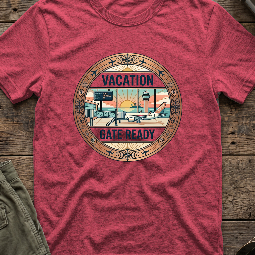 Vacation Gate Ready T-Shirt in Heather Cardinal, front view.