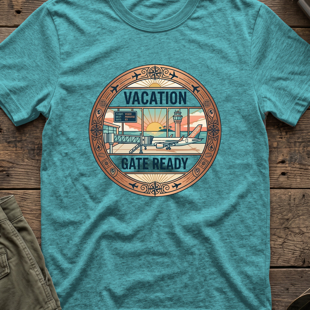Vacation Gate Ready T-Shirt in Heather Galapagos Blue, front view.