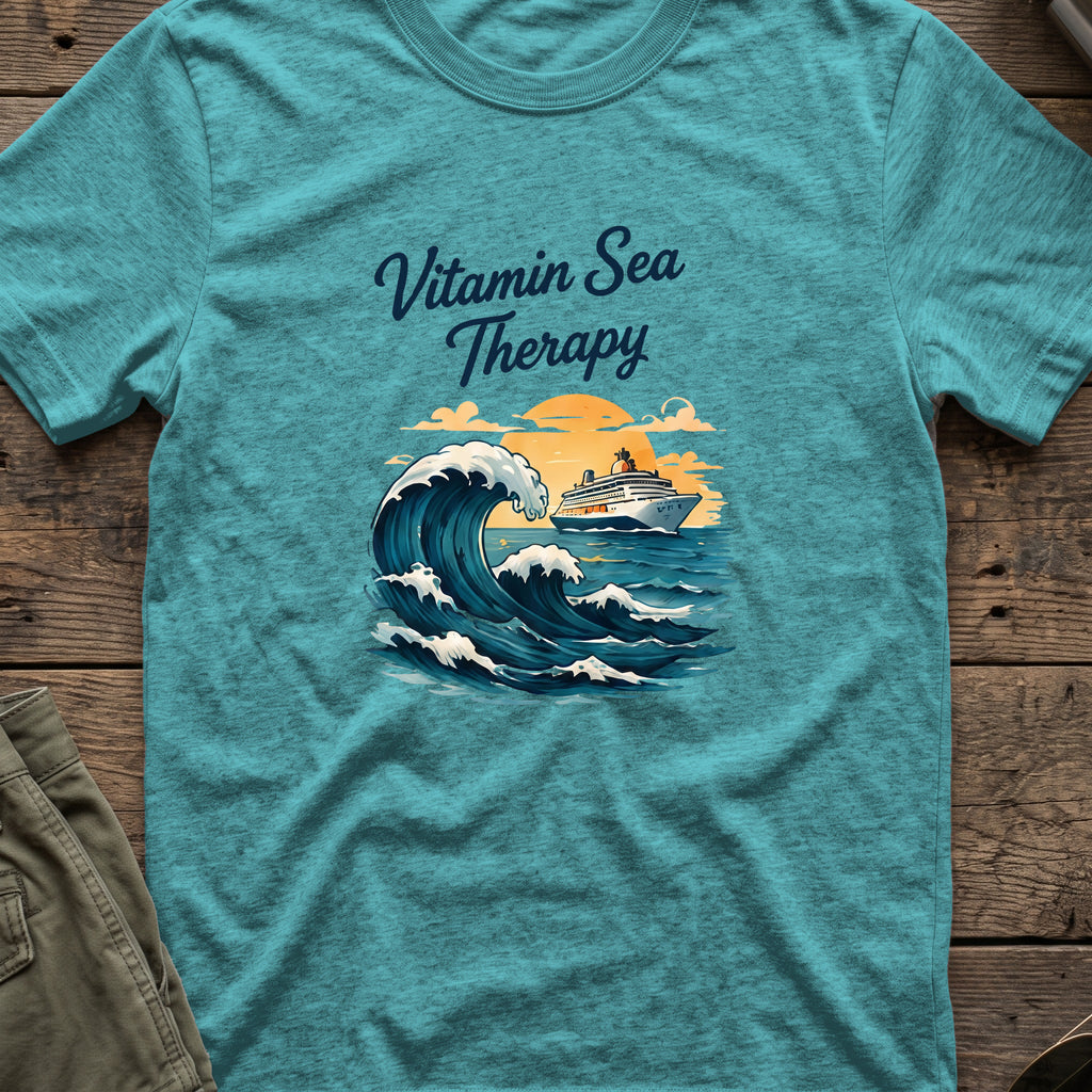 Vitamin Sea Therapy T-Shirt — Big Wave in Heather Galapagos Blue, front view.