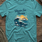 Vitamin Sea Therapy T-Shirt — Big Wave in Heather Galapagos Blue, front view.