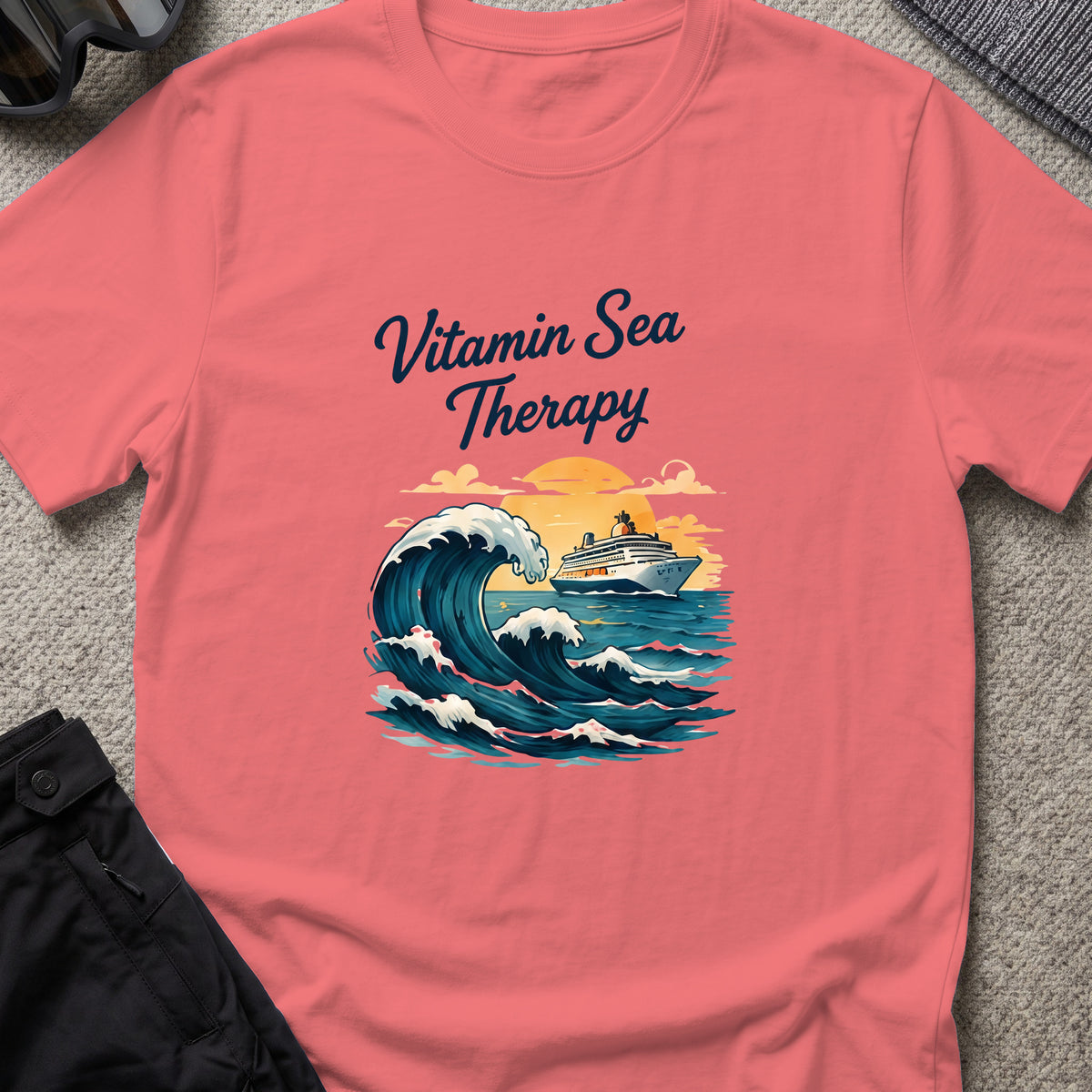 Vitamin Sea Therapy T-Shirt — Big Wave in Coral Silk, front view.