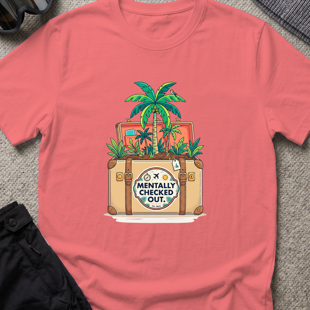 Mentally Checked Out T-Shirt in Coral Silk, front view.