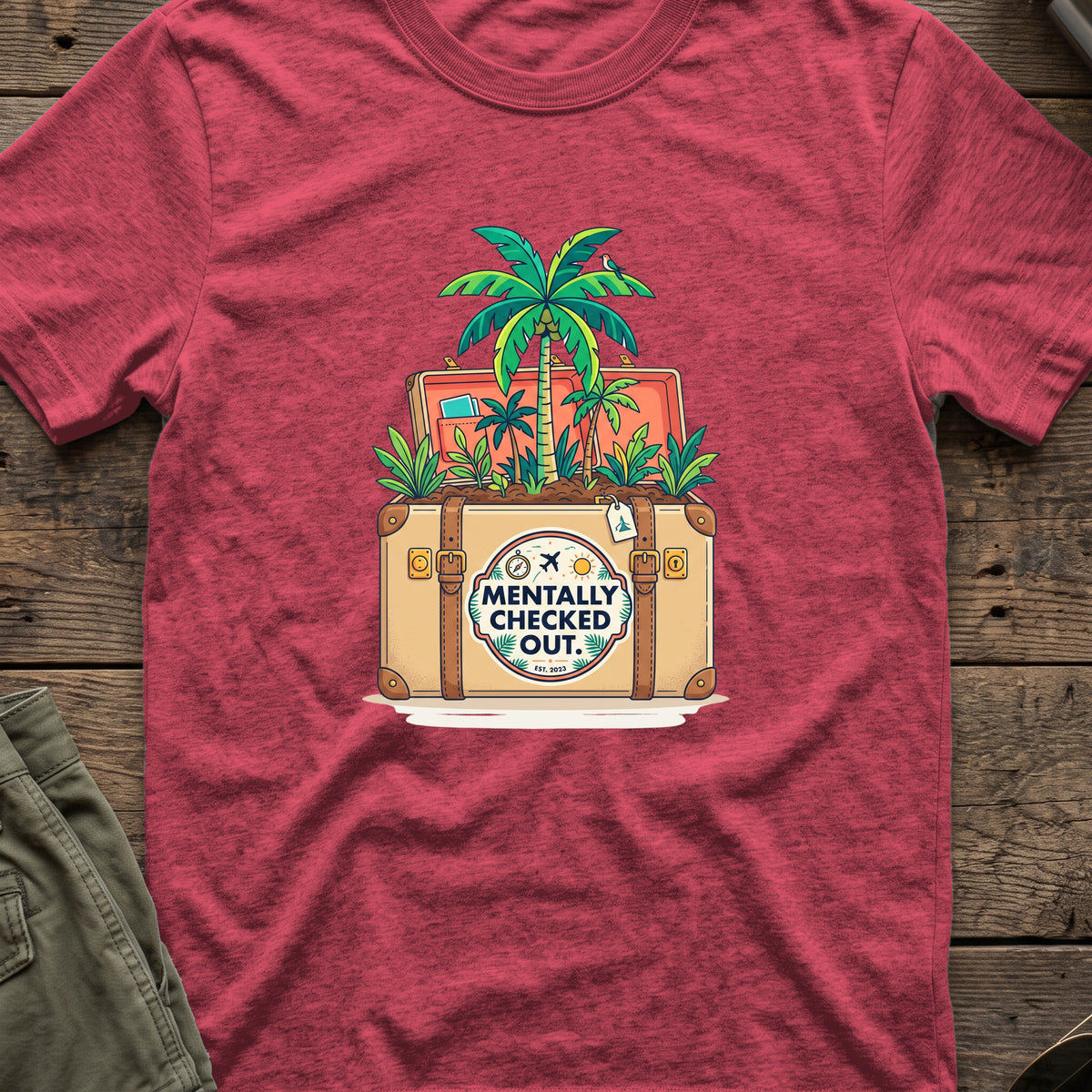 Mentally Checked Out T-Shirt in Heather Cardinal, front view.