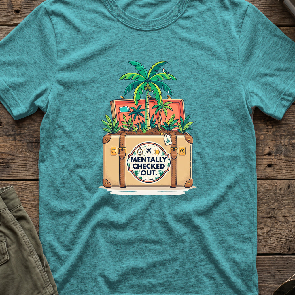 Mentally Checked Out T-Shirt in Heather Galapagos Blue, front view.