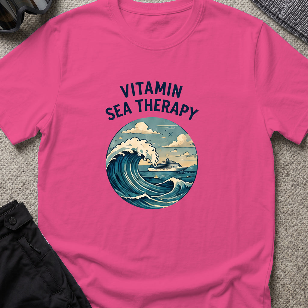 Vitamin Sea Therapy T-Shirt — Wave Badge in Heliconia, front view.