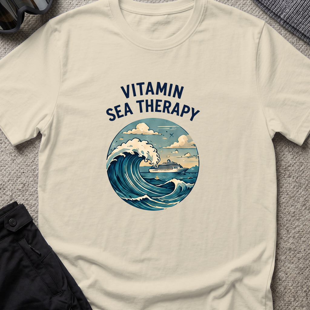Vitamin Sea Therapy T-Shirt — Wave Badge in Sand, front view.