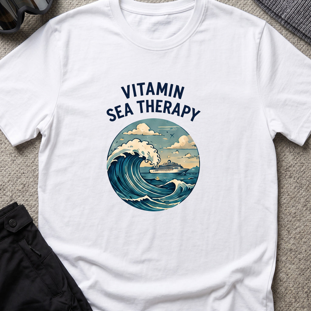Vitamin Sea Therapy T-Shirt — Wave Badge in White, front view.