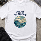 Vitamin Sea Therapy T-Shirt — Wave Badge in White, front view.
