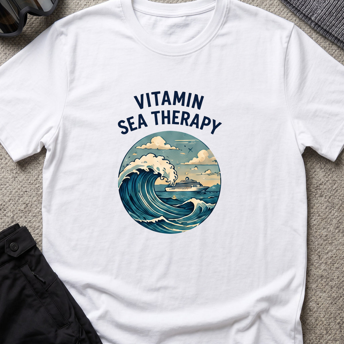 Vitamin Sea Therapy T-Shirt — Wave Badge in White, front view.