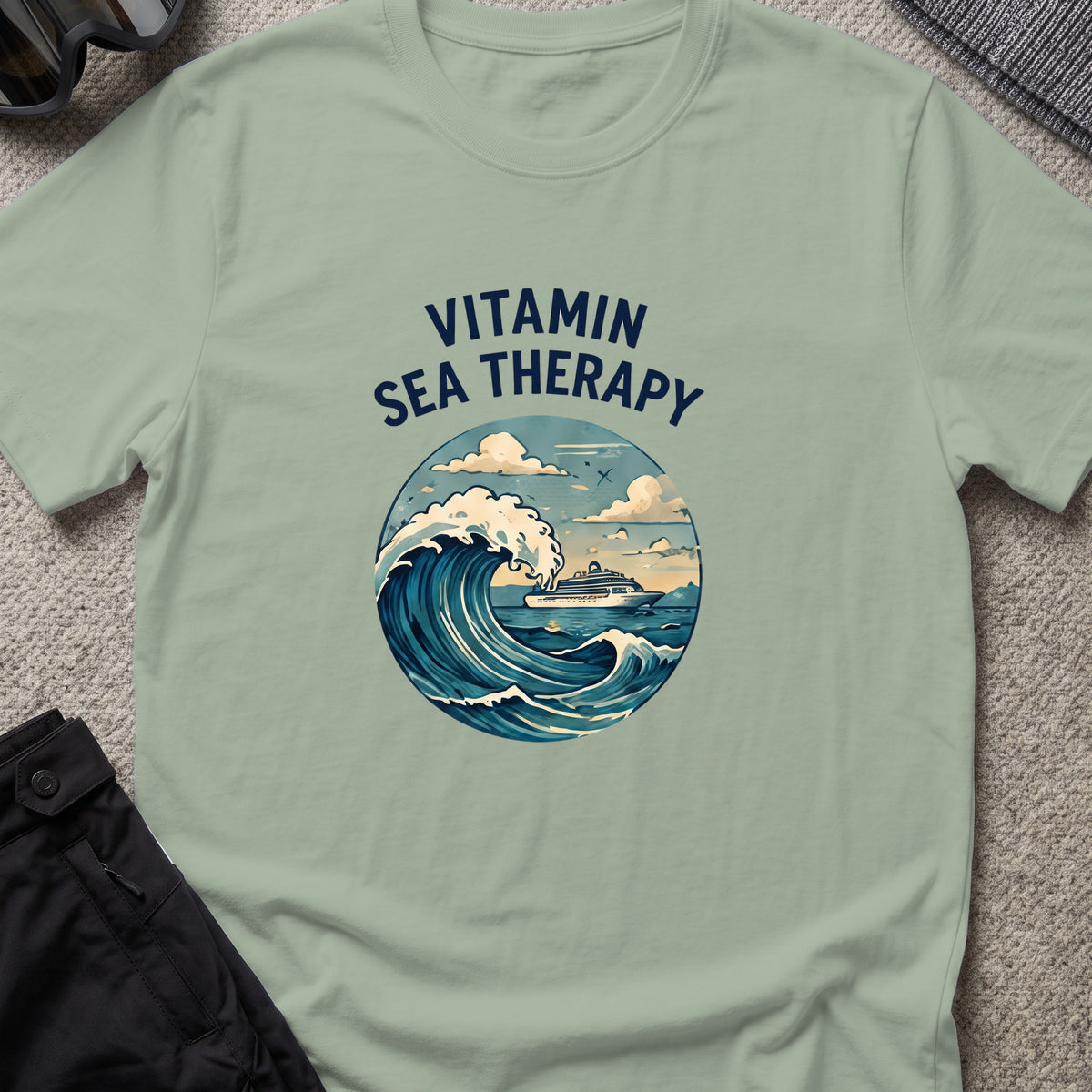 Vitamin Sea Therapy T-Shirt — Wave Badge in Sage, front view.