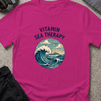 Vitamin Sea Therapy T-Shirt — Wave Badge in Antique Heliconia, front view.