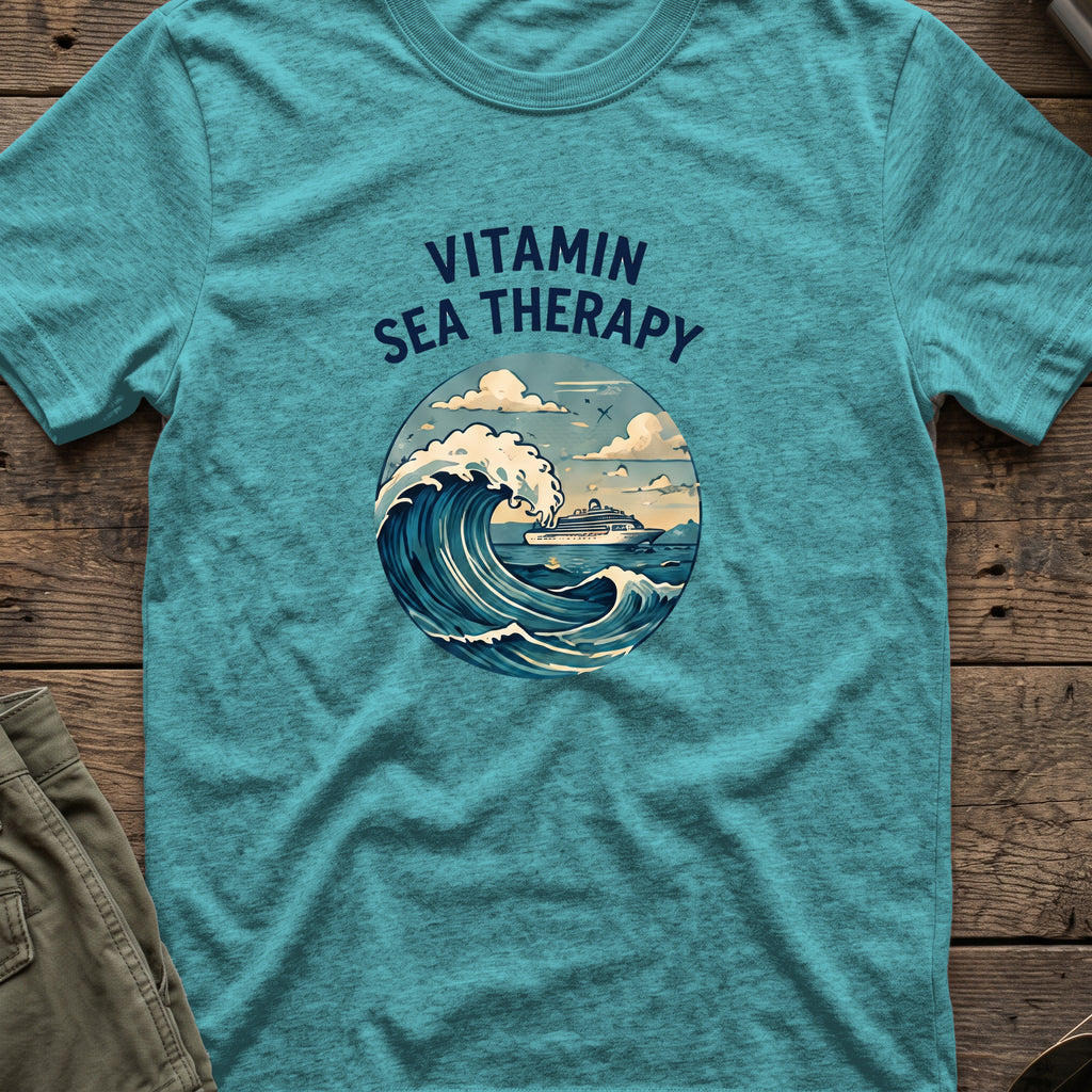 Vitamin Sea Therapy T-Shirt — Wave Badge in Heather Galapagos Blue, front view.