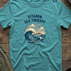 Vitamin Sea Therapy T-Shirt — Wave Badge in Heather Galapagos Blue, front view.