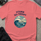 Vitamin Sea Therapy T-Shirt — Wave Badge in Coral Silk, front view.