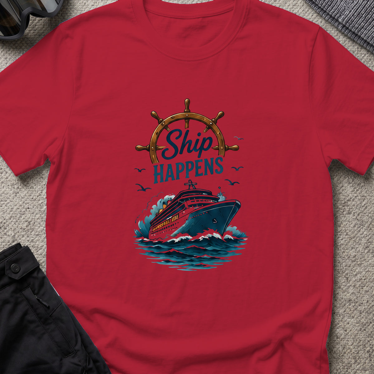 Ship Happens T-Shirt — Cruise Ship in Antique Cherry Red, front view.
