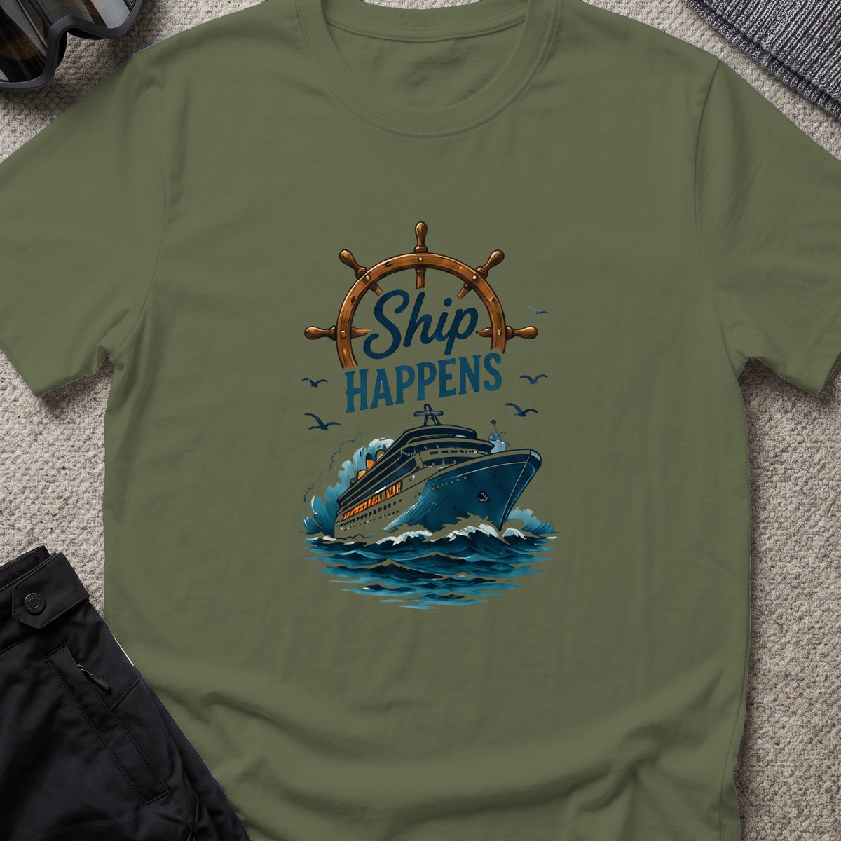 Ship Happens T-Shirt — Cruise Ship in Military Green, front view.