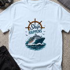Ship Happens T-Shirt — Cruise Ship in Light Blue, front view.