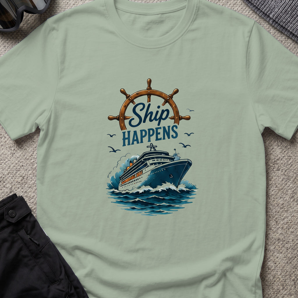 Ship Happens T-Shirt — Cruise Ship in Sage, front view.