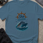 Ship Happens T-Shirt — Cruise Ship in Indigo Blue, front view.