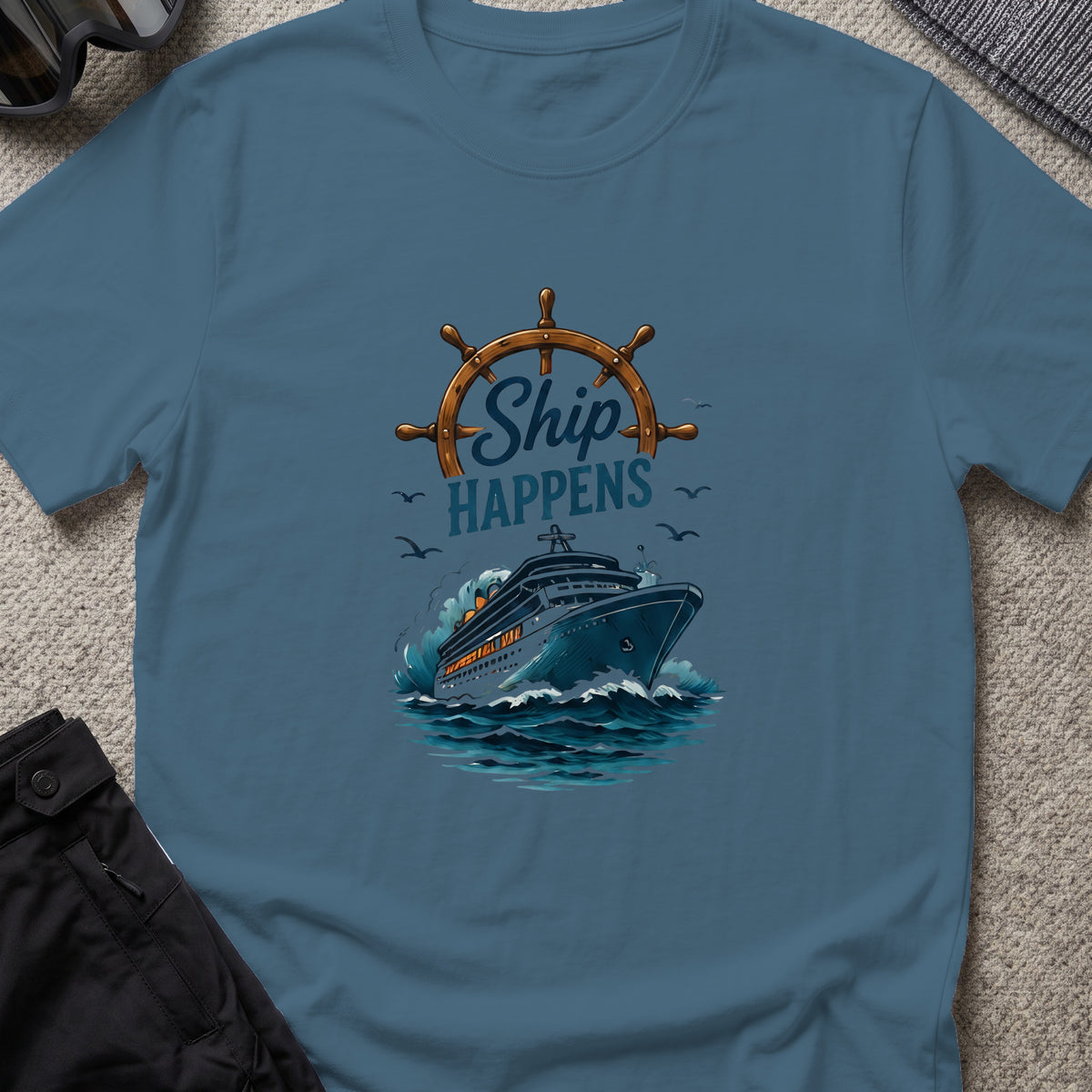 Ship Happens T-Shirt — Cruise Ship in Indigo Blue, front view.