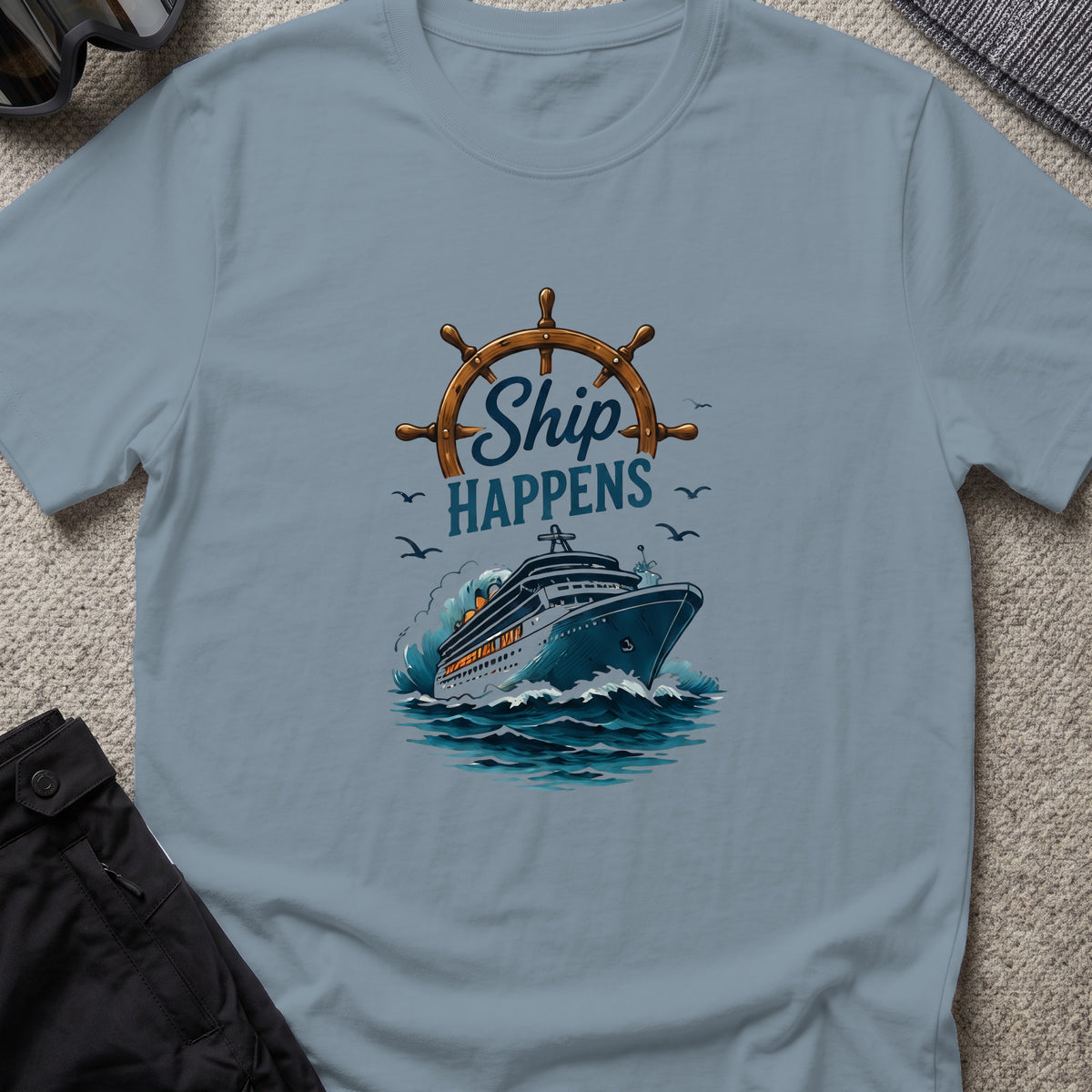Ship Happens T-Shirt — Cruise Ship in Stone Blue, front view.