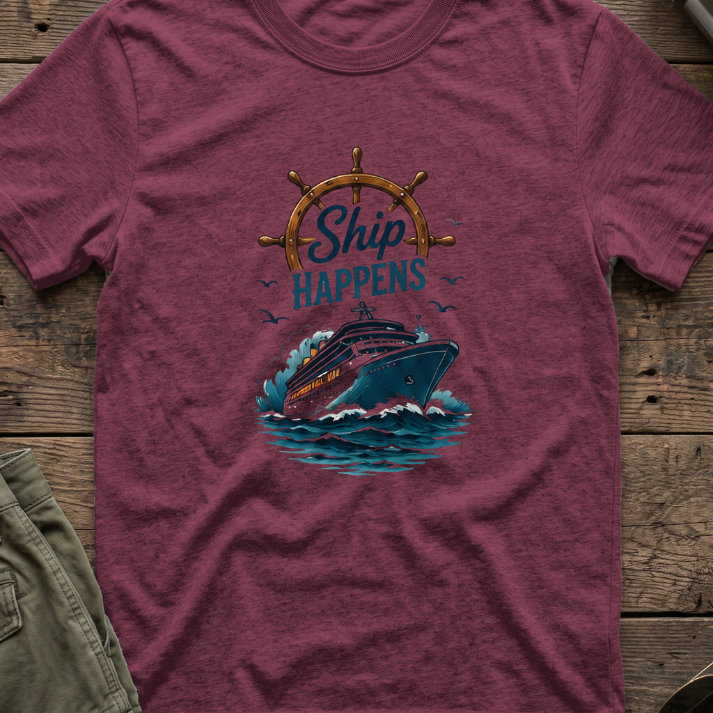 Ship Happens T-Shirt — Cruise Ship in Heather Maroon, front view.