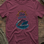 Ship Happens T-Shirt — Cruise Ship in Heather Maroon, front view.