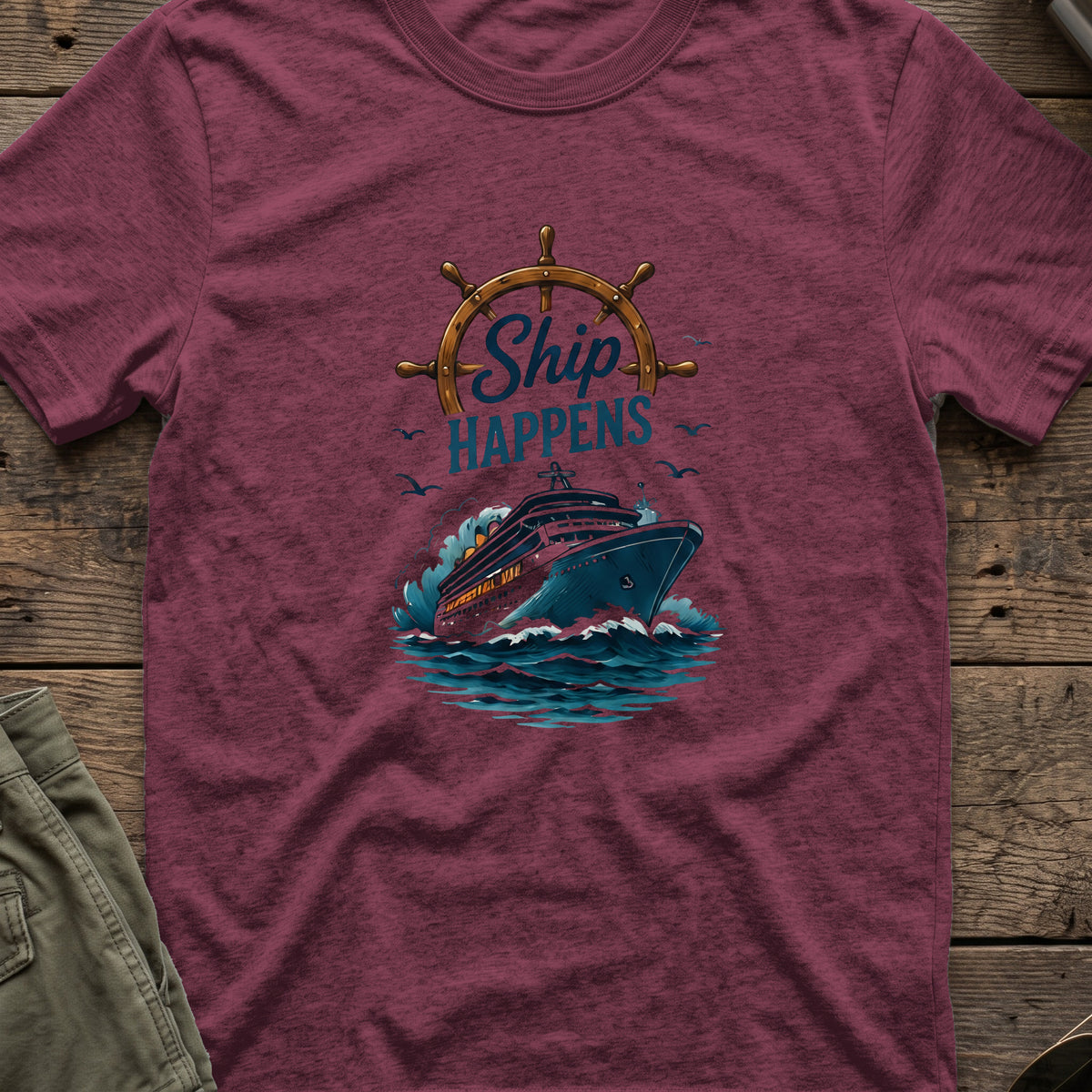 Ship Happens T-Shirt — Cruise Ship in Heather Maroon, front view.