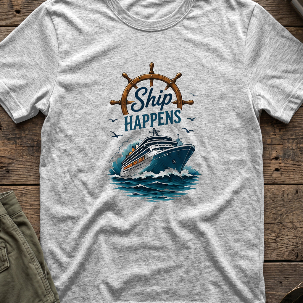 Ship Happens T-Shirt — Cruise Ship in Sport Grey, front view.