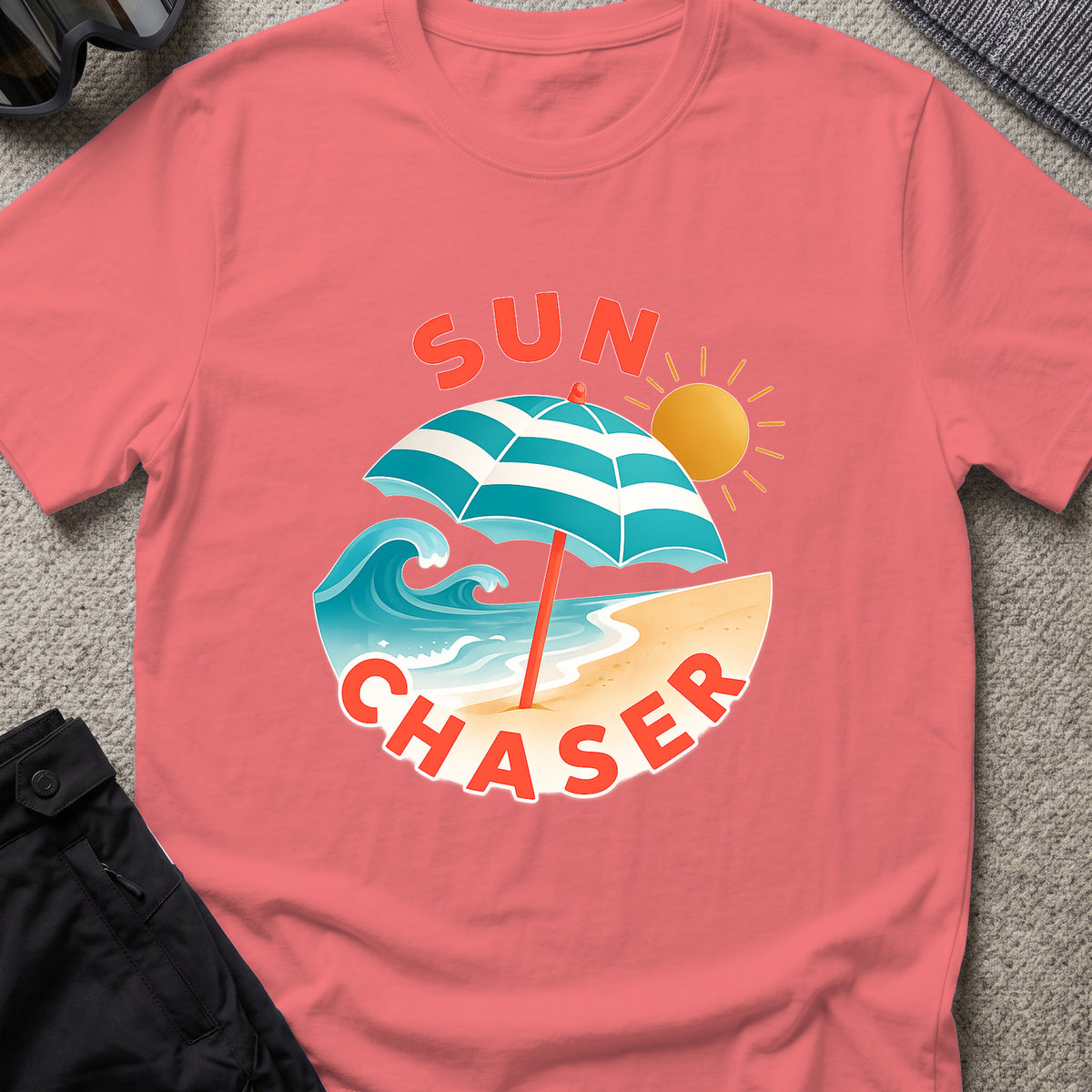 Sun Chaser T-Shirt — Shoreline in Coral Silk, front view.