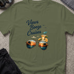 Views, Booze, and Cruises T-Shirt — Aviators in Military Green, front view.