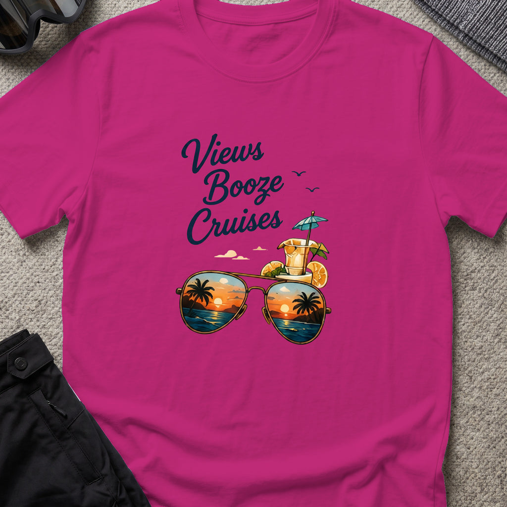 Views, Booze, and Cruises T-Shirt — Aviators in Antique Heliconia, front view.
