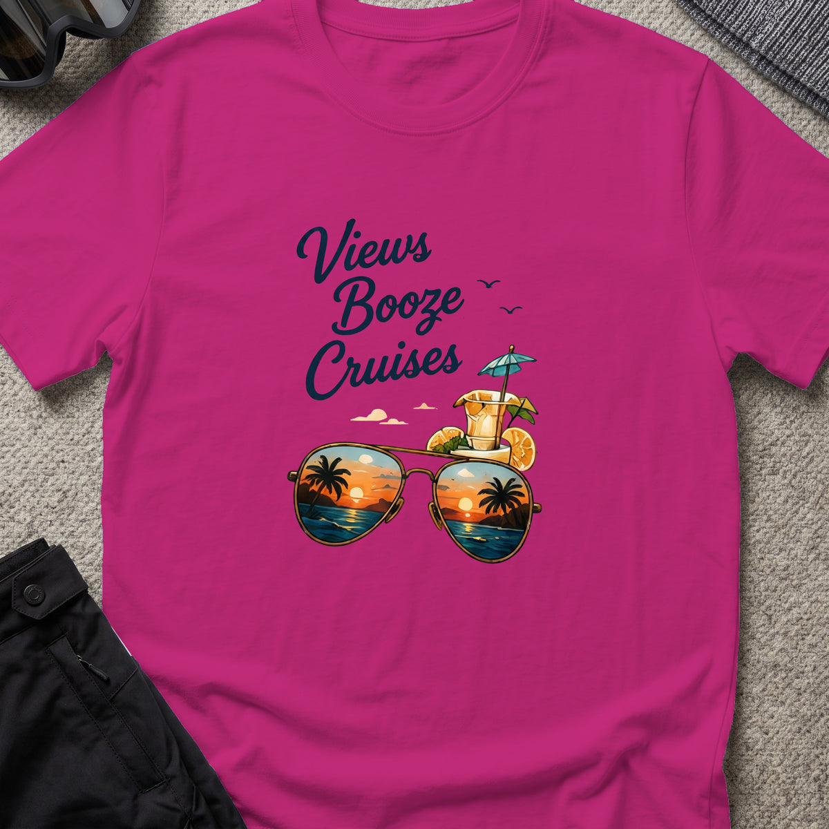 Views, Booze, and Cruises T-Shirt — Aviators in Antique Heliconia, front view.