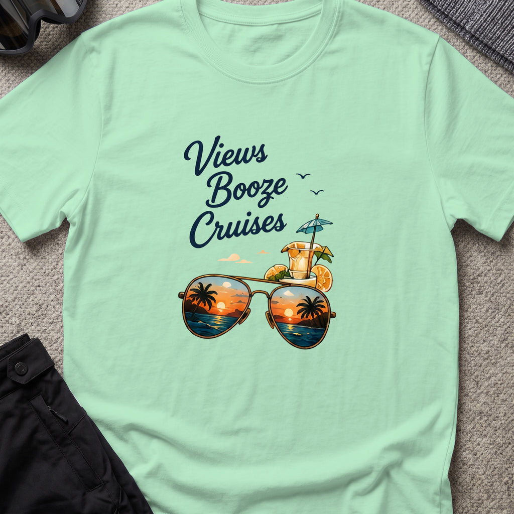 Views, Booze, and Cruises T-Shirt — Aviators in Mint Green, front view.