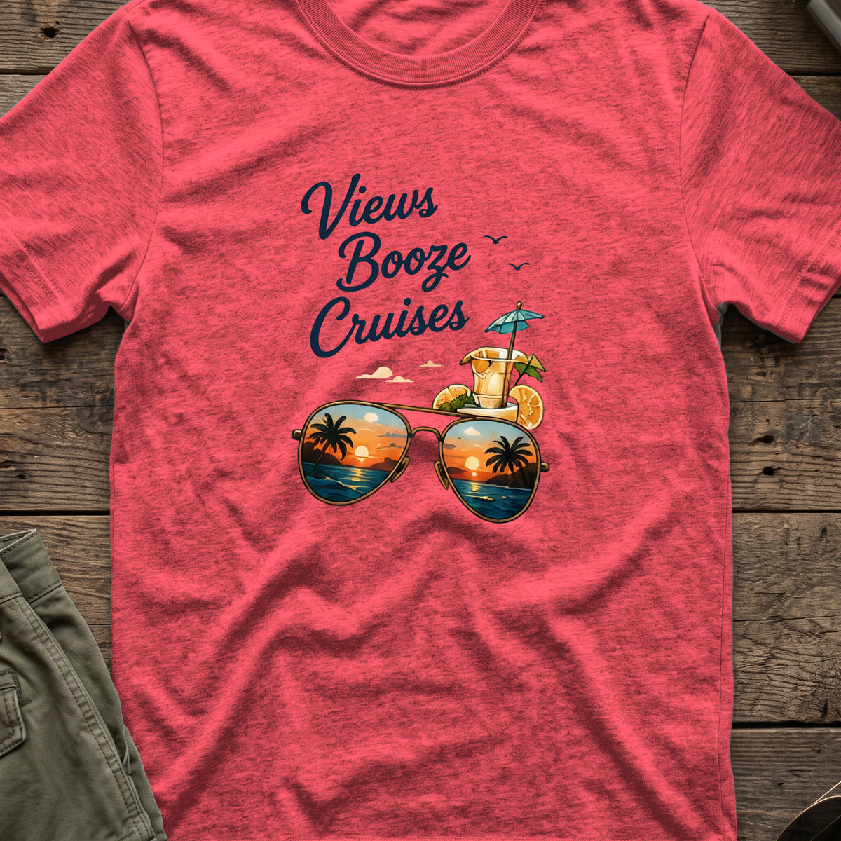 Views, Booze, and Cruises T-Shirt — Aviators in Heather Red, front view.